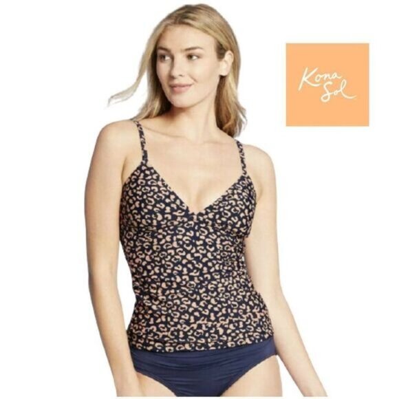 Kona Sol Women's Navy Leopard Spot Shirred Tankini Top NWT -‎ Swimwear - Picture 1 of 7